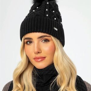 Bebe Y2K NWT Black Beanie with Pearl Accents and Pom Pom with Gloves Set